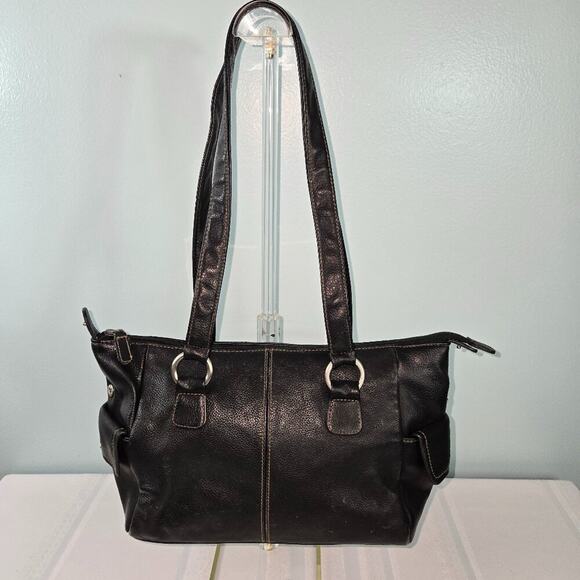 Unbranded Handbags - Black Leather Pebble Grain Double Shoulder Strap Purse with Zipper Closure